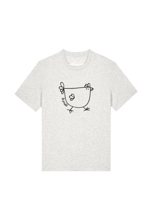 T-shirt gris clair avec un dessin simple au trait noir d’un poulet et le mot "le poulet" sur le devant.