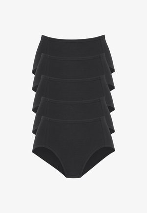 Cinco pares de braguitas negras de tela acanalada de cintura alta, con una cinturilla suave y un diseño de corte clásico.