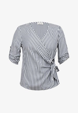 Raidallinen kietaisupaita tummansinisena ja valkoisena, lyhyillä hihoilla, v-pääntiellä ja sidottavalla vyötäröyksityiskohdalla. Valmistettu kevyestä kankaasta, jossa on sileä rakenne.