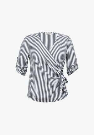 Dryžuota uždanga bluzonė tamsiai mėlynos ir baltos spalvos, su trumpomis rankovėmis, V formos iškirpte ir surišamu juosmens akcentu. Pagaminta iš lengvo audinio su glotnia tekstūra.