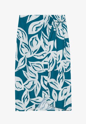 Gonna teal con motivo a foglie bianche, caratterizzata da un design avvolgente e dettaglio legato in vita. Texture liscia con una leggera lucentezza.