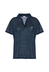 Polo shirt blu navy realizzato in tessuto trasparente con scollo a V, maniche corte e un piccolo logo ricamato sul lato sinistro del petto.