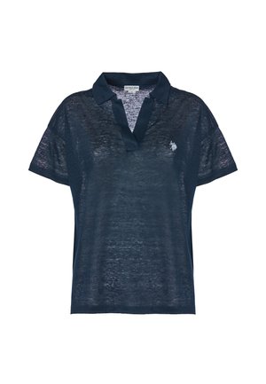 Polo shirt blu navy realizzato in tessuto trasparente con scollo a V, maniche corte e un piccolo logo ricamato sul lato sinistro del petto.