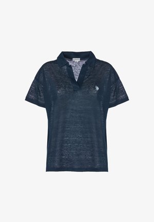 Polo shirt blu navy realizzato in tessuto trasparente con scollo a V, maniche corte e un piccolo logo ricamato sul lato sinistro del petto.
