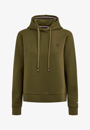 Olivgrüner Hoodie mit einer frontalen Kängurutasche, Kapuze mit Kordelzug, gerippten Bündchen und Saum; verfügt über ein kleines Logo auf der Brust und eine farblich abgesetzte Innenverkleidung.