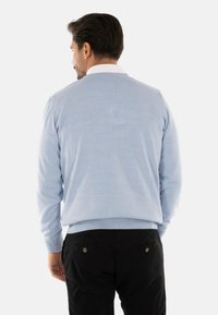 Maglione azzurro chiaro con colletto rotondo e polsini a coste, abbinato a pantaloni neri con tasche posteriori. Texture liscia e design aderente.