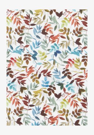 Blumenstoff mit mehrfarbigen Blättern in Rottönen, Blau, Grün und Braun auf weißem Hintergrund, mit glatter Textur.