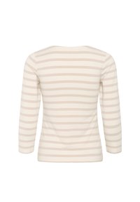 Langærmet top i blødt, letvægts stof. Cremefarvet med beige vandrette striber. Har en rund hals og en tætsiddende pasform.