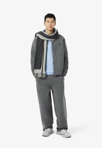Grå stickad cardigan och matchande sweatpants, lager på lager över en ljusblå skjorta, med en grå och svart scarf hängande runt halsen. Grå sneakers.