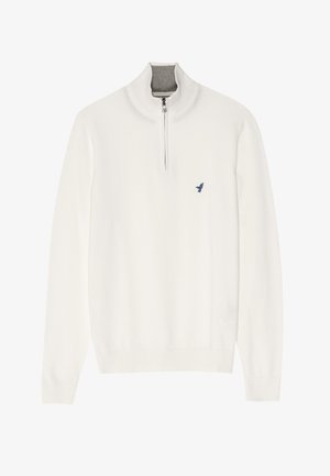 White pullover sweater with a grey zip collar, featuring long sleeves and a small blue bird logo on the chest. Soft, smooth texture.
