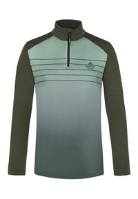 Lange mouw pullover in een groen en teal verloop, met een kwart-rits hals, contrasterende donkergroene schouders en horizontale strepen.