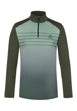 Lange mouw pullover in een groen en teal verloop, met een kwart-rits hals, contrasterende donkergroene schouders en horizontale strepen.