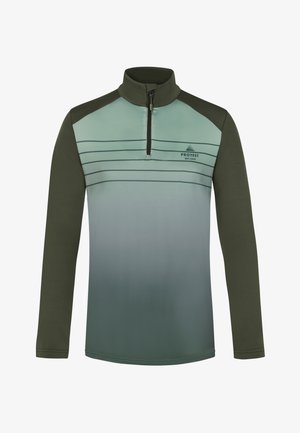 Lange mouw pullover in een groen en teal verloop, met een kwart-rits hals, contrasterende donkergroene schouders en horizontale strepen.