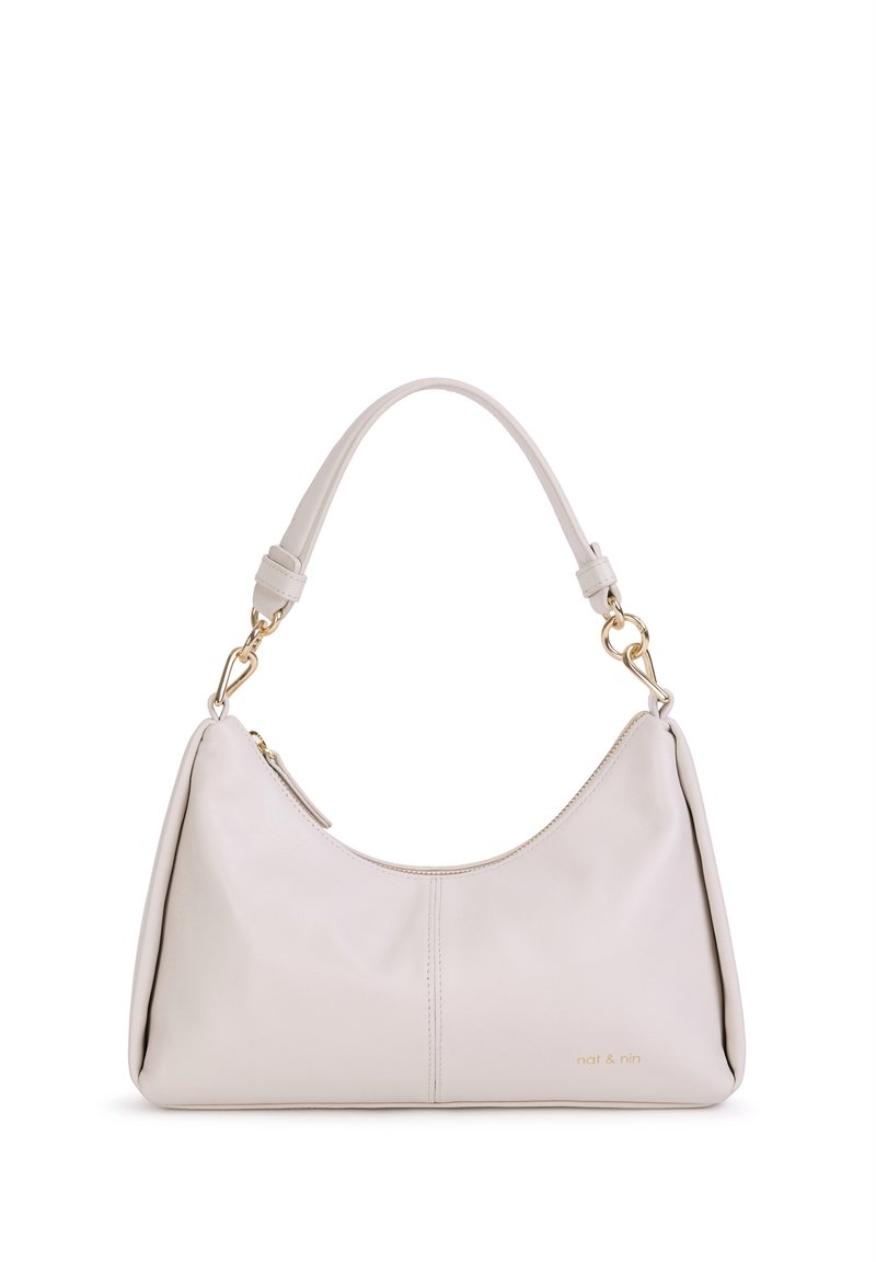 Borsa in pelle beige chiaro con silhouette curva, manico superiore, accessori in tono oro e un logo impresso in modo sottile sulla parte anteriore.