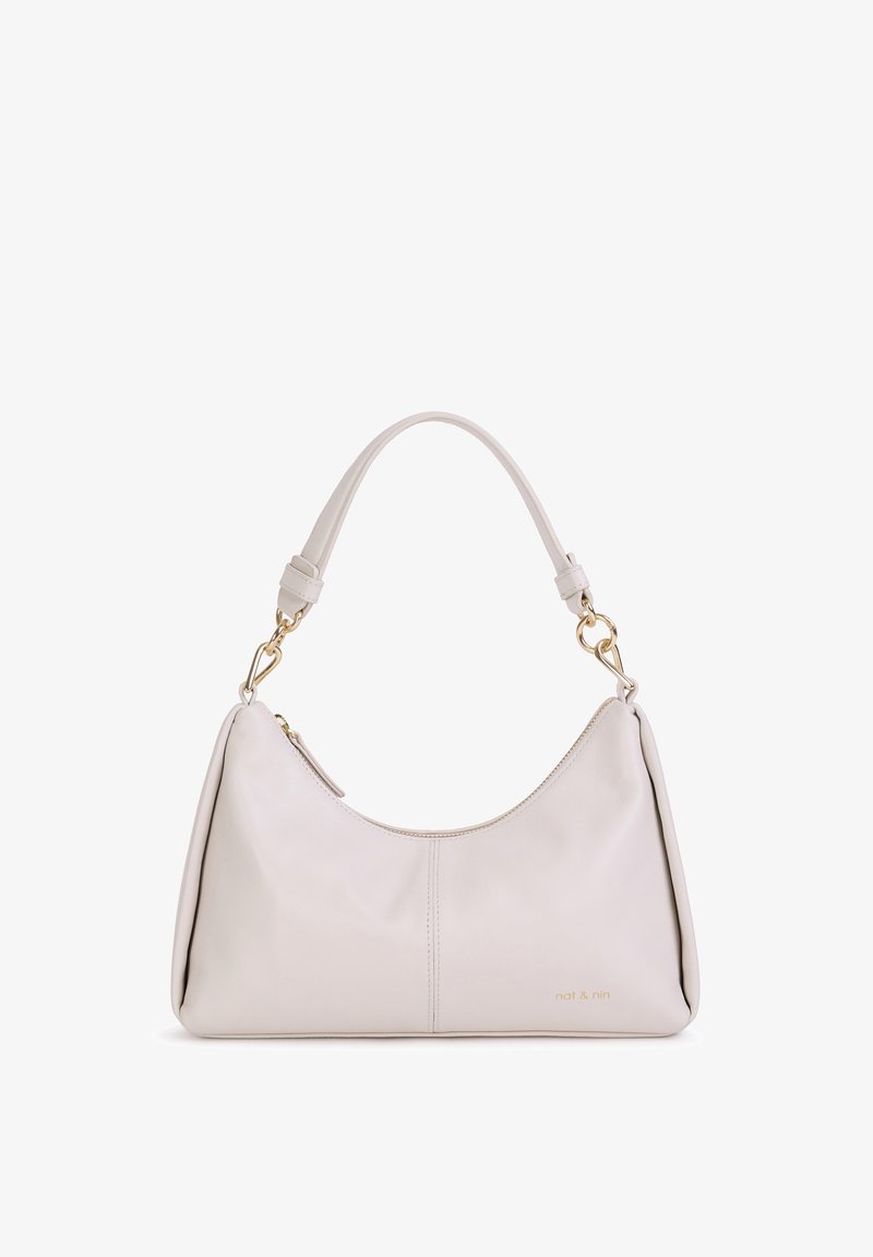 Borsa in pelle beige chiaro con silhouette curva, manico superiore, accessori in tono oro e un logo impresso in modo sottile sulla parte anteriore.