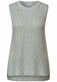 Knitted sleeveless top in pastel hues of purple, green, and blue. Features a rounded neckline and a slightly loose fit with a straight hem.