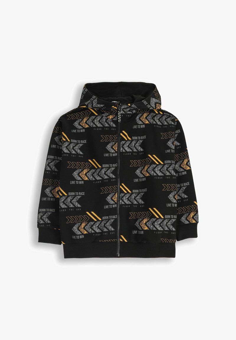 Czarna bluza z kapturem na zamek z żółtymi i szarymi wzorami w strzały wyścigowe oraz napisem "Urodzony do wyścigów" i "Żyj, żeby wygrać."