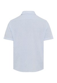 Camicia a maniche corte in blu chiaro con un piccolo motivo geometrico ripetuto. Presenta un colletto e un orlo dritto.