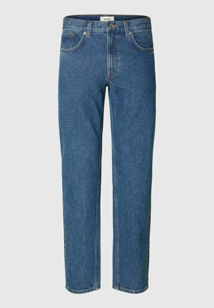 Vaqueros de denim rectos en azul con bolsillos delanteros y traseros, trabillas para cinturón, cierre de botón y detalles de costura visibles.