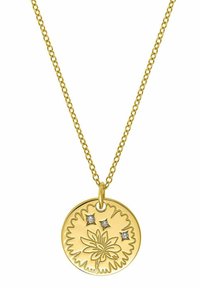 Guldpl äterad hängande halsband med lotusblommadesign, med tre små ädelstenar, på ett delikat kedja.