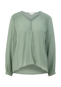 Lichtgroen langemouwen blouse met een iets gestructureerde afwerking, voorzien van een v-hals, een knoopsluiting met twee knopen en gegatherde schouders.