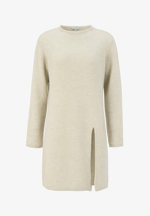 Beige long-sleeve tunic with a round neck and side slit. Soft, textured fabric with a relaxed fit and modern, minimal design.
