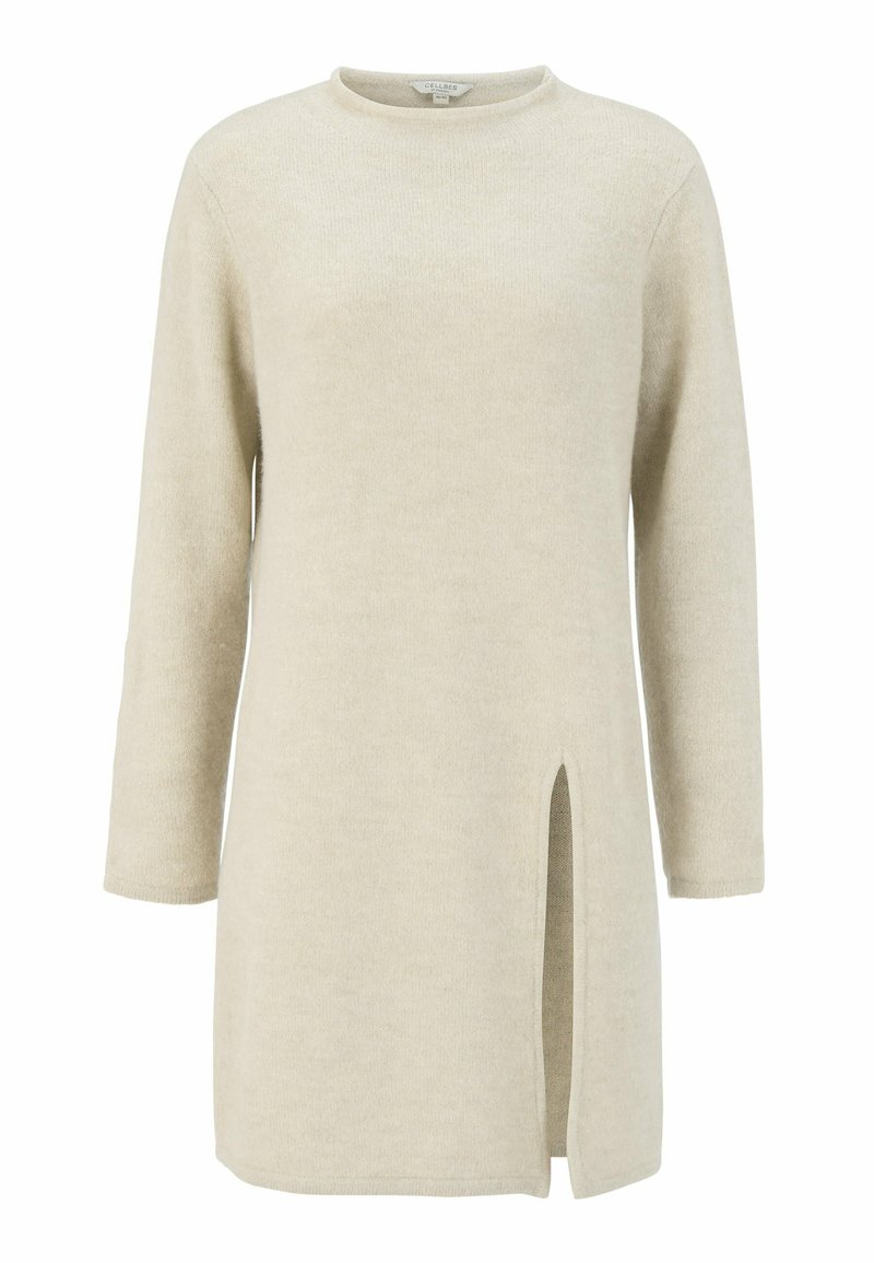 Beige lange mouw tuniek met een ronde hals en zijslit. Zacht, gestructureerd stof met een relaxed fit en een modern, minimalistisch design.