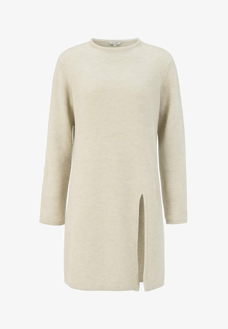 Beige Langarm-Tunika mit Rundhalsausschnitt und seitlichem Schlitz. Weiches, strukturiertes Material mit lockerer Passform und modernem, minimalistischem Design.