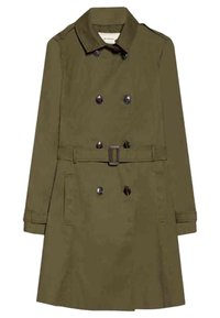 Olivengroene trenchcoat van lichtgewicht stof met een dubbelzijdige front, een verstelbare riem en zijzakken.