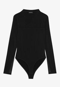 Fekete, hosszú ujjú bodysuit sima anyagból. Magas nyakkal és illeszkedő aljjal rendelkezik, amely tanga fazonú. Texturált hálós ujjakkal.