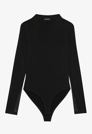 Svart langermet bodysuit laget av et glatt stoff. Har en høy hals og en tettsittende bunn med thong-kutt. Teksturert mesh-sleeve.