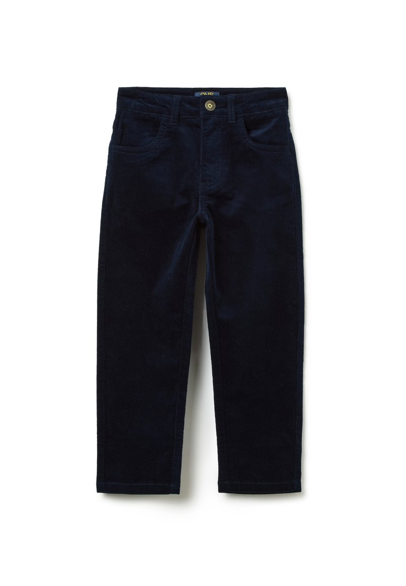 Marine corduroy broek met een slim fit, twee voorzakken en een knoopsluiting. Beschikt over een fijne ribbeltextuur en een nette zoom.