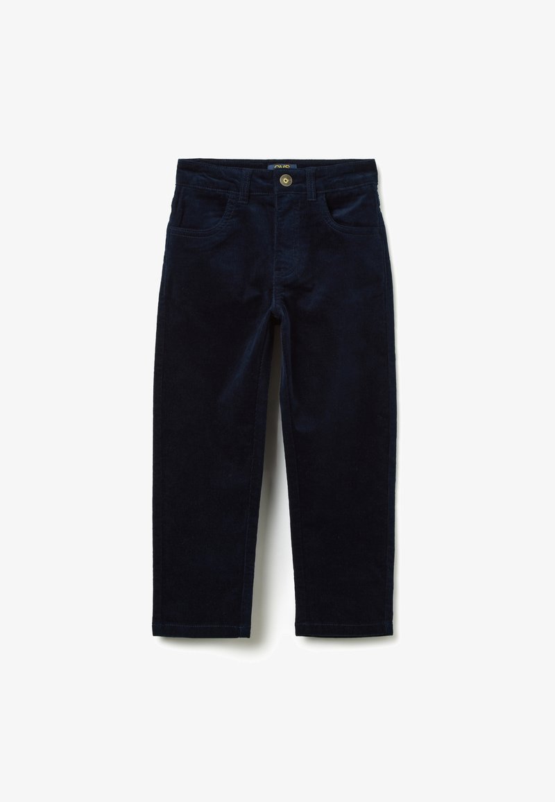 Marine corduroy broek met een slim fit, twee voorzakken en een knoopsluiting. Beschikt over een fijne ribbeltextuur en een nette zoom.