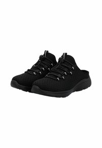 Scarpe slip-on nere con tomaia texturizzata, lacci elastici e suola stampata. Design leggero con retro chiuso e materiale traspirante.