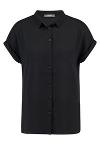 Black short-sleeve shirt made of smooth fabric, featuring a button-down front and collar, with rolled cuffs and a relaxed fit.