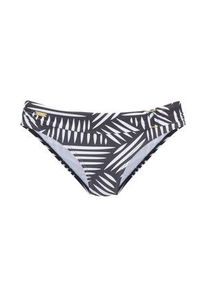 Slip bikini bianco e nero con motivo di foglie di palma e un piccolo tag dorato del marchio sul lato sinistro.