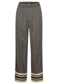 Zwarte en crème herringbone patroon wijde broek. Elastische taille, crème satijnen manchetten met zwarte strepen. Lichte stof.