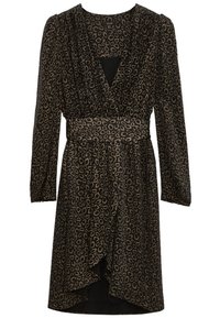 Robe noire avec un motif léopard en marron foncé, à manches longues, décolleté en V profond et taille froncée pour une silhouette ajustée.