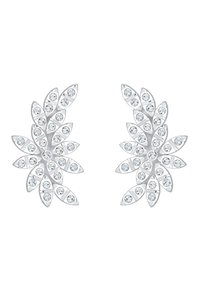 Sömlösa örhängen designade i bladform, prydda med klara, runda rhinestones i olika storlekar, med en polerad yta och intrikata detaljer.
