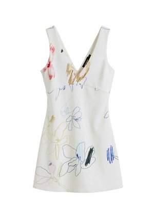 Abito senza maniche a V in tessuto bianco, caratterizzato da disegni floreali a linee multicolori in tonalità di rosa, blu e dettagli dorati. Forma A-line semplice.