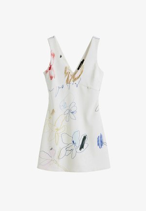 Haljina s V-izrezom i bez rukava od bijelog materijala, s višebojnim cvjetnim linijskim crtežima u ružičastoj, plavoj i zlatnoj boji. Jednostavan A-linijski oblik.