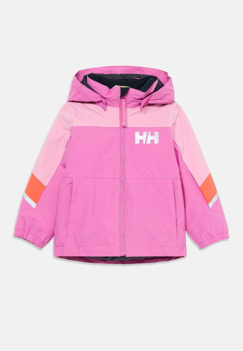 Detská vodotesná bunda v jasnej ružovej farbe s kapucňou, plným predným zipsom, reflexnou HH logom na hrudi a oranžovými reflexnými pruhmi na rukávoch.