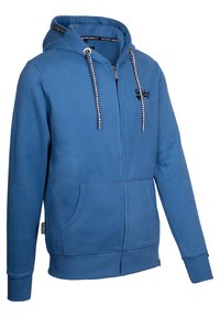 Blaue Reißverschlussjacke aus weichem Stoff mit einer Fronttasche, verstellbaren, karierter Kordelzug und gerippten Bündchen und Saum.