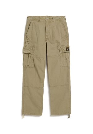 Khaki spodnie cargo z wieloma bocznymi kieszeniami, ściągaczami u dołu i trwałym materiałem bawełnianym. Posiada oznaczenie na prawej kieszeni.