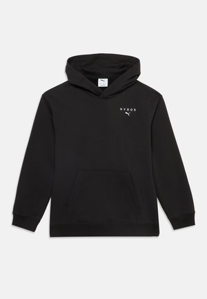 Sweat à capuche noir à manches longues avec poche kangourou devant, petit "HYROX" blanc et logo Puma sur le haut gauche de la poitrine.