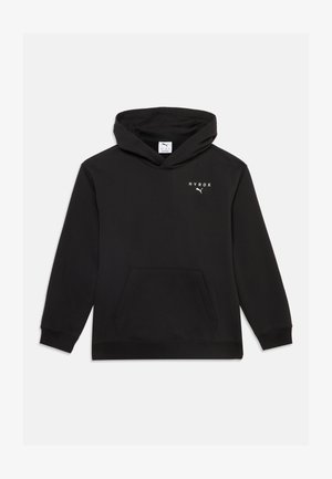 Sweat à capuche noir à manches longues avec poche kangourou devant, petit "HYROX" blanc et logo Puma sur le haut gauche de la poitrine.