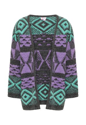 Cardigan lavorato a maglia con motivi geometrici in viola, verde acqua e nero. Apertura frontale con maniche lunghe e finitura testurizzata.