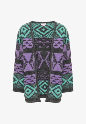 Gebreide cardigan met geometrische patronen in paars, teal en zwart. Open voorkant met lange mouwen en een gestructureerde afwerking.