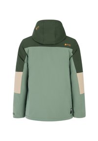 Grüne und beige farbblockierte Jacke mit Kapuze, aus glattem Stoff gefertigt. Verfügt über ein Logo und eine taillierte Passform mit langen Ärmeln.
