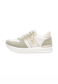 Green and white sneaker with textured suede and mesh panels, featuring a side zipper, logo detail, and a thick white sole with stripes.